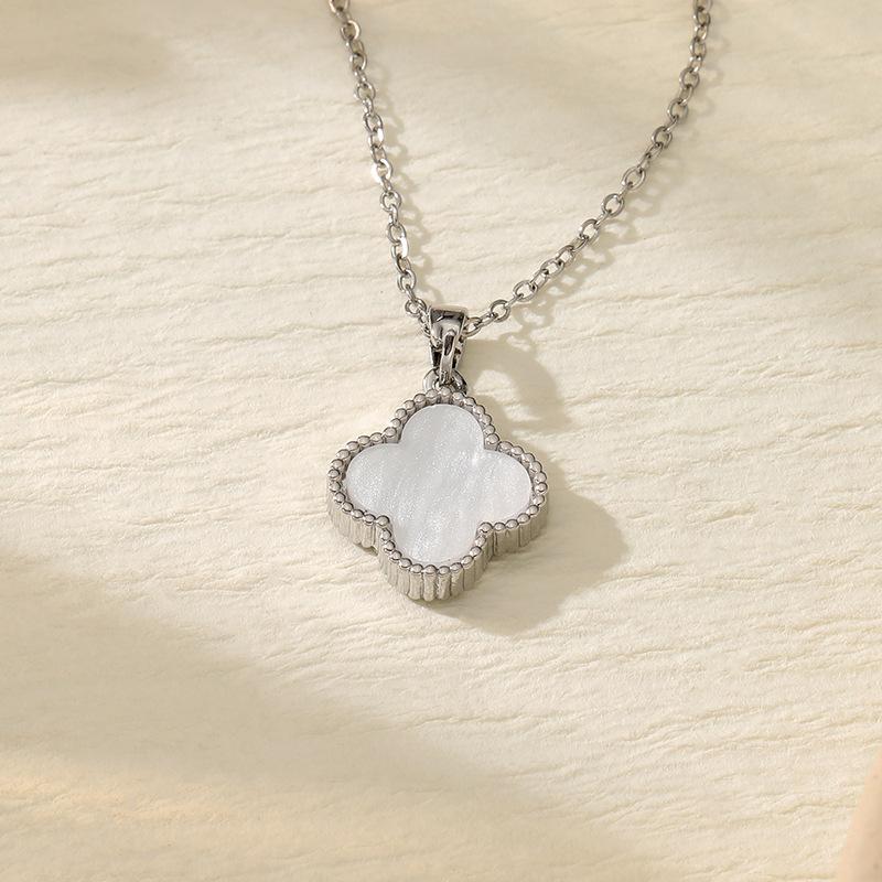 Классическое простое элегантное ожерелье из титановой стали в виде клевера для женщин - Двустороннее, с микро-граненым цирконом для универсальной цепочки-чокера