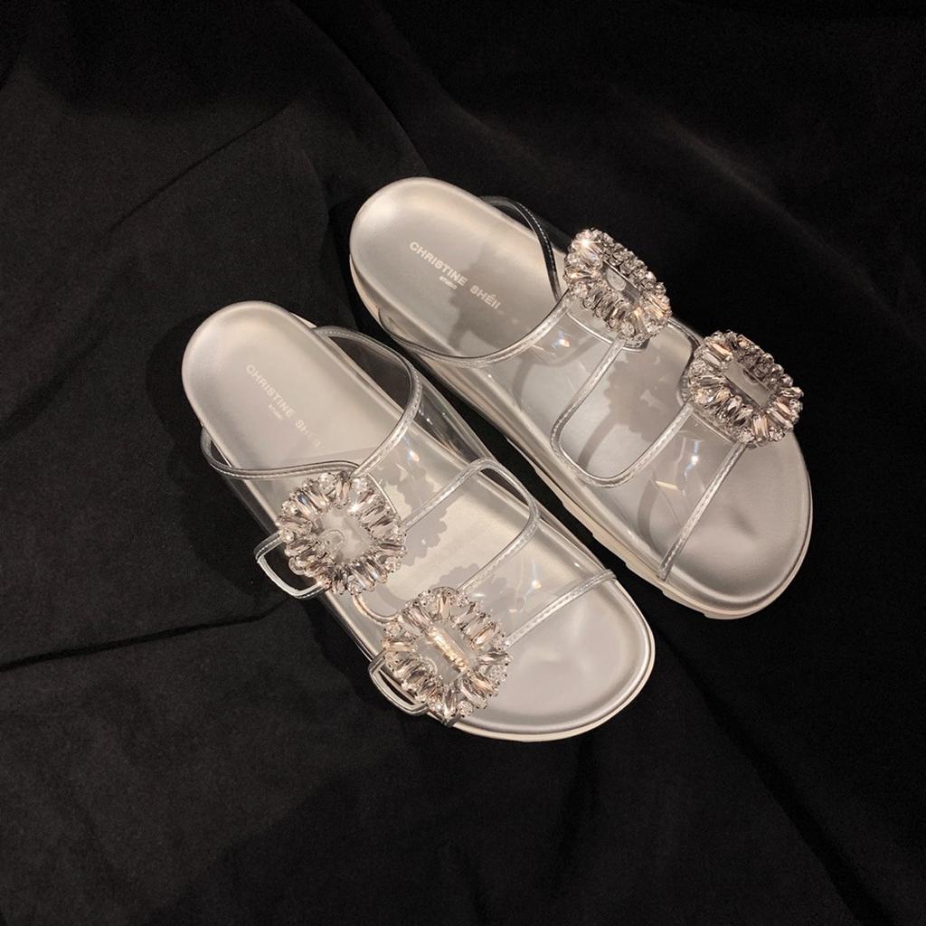 Second Hair! Su Yinyin's Same Shoes Square Buckle Rhinestone Leather Double Belt Casual Platform Slippers Women's Sandals Outside