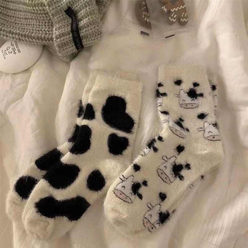 Cow Print Mink Plush Socks For Women Girl Mid Tube Stockings Warm Coral Velvet Sleep Floor Sock Winter Thermal Slipper Funny Sox