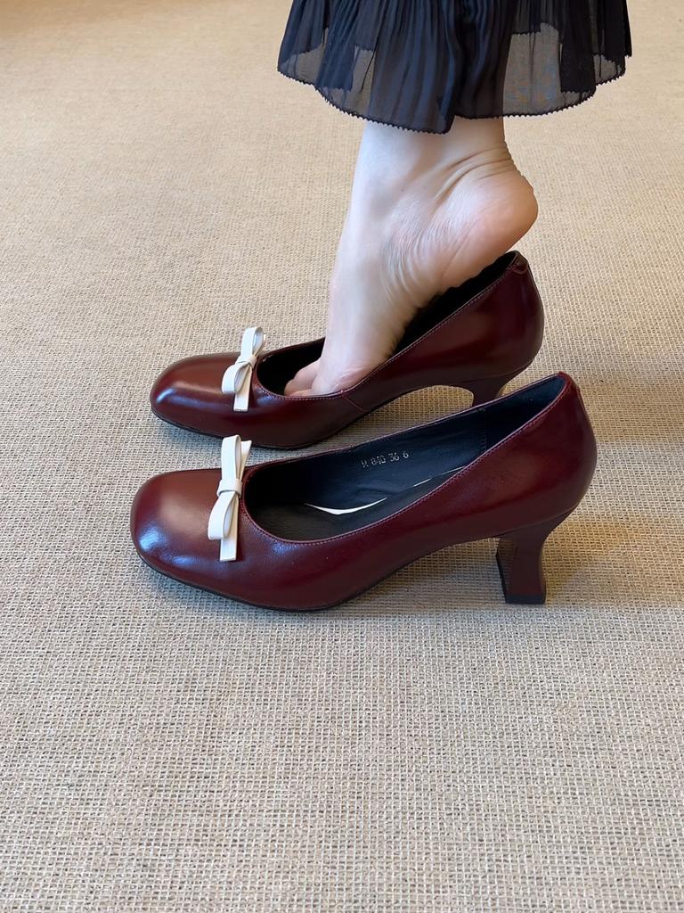 Овчина~ Французские туфли-лодочки женские на толстом каблуке с бантом красные рабочие туфли красивые и не утомляют туфли Мэри Джейн на высоком каблуке