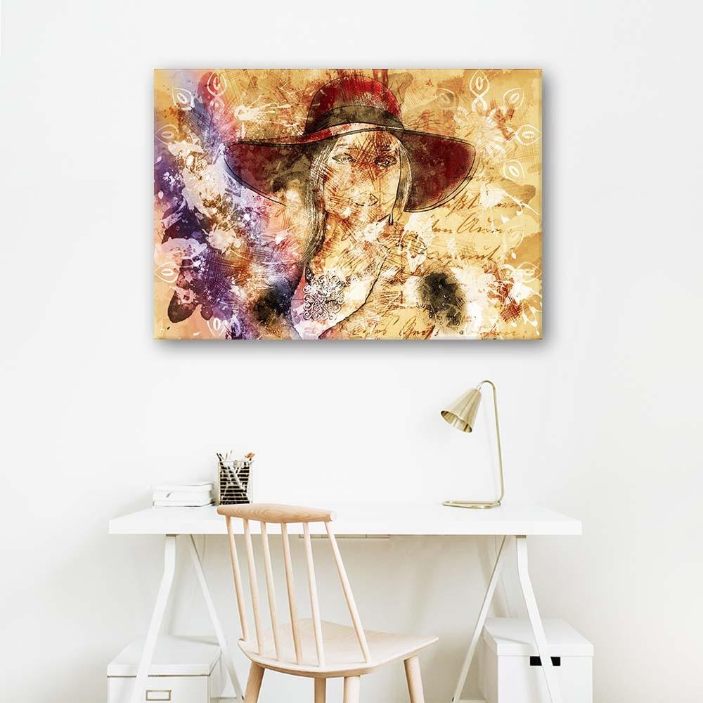 Холст, Женщина в красной винтажной шляпе