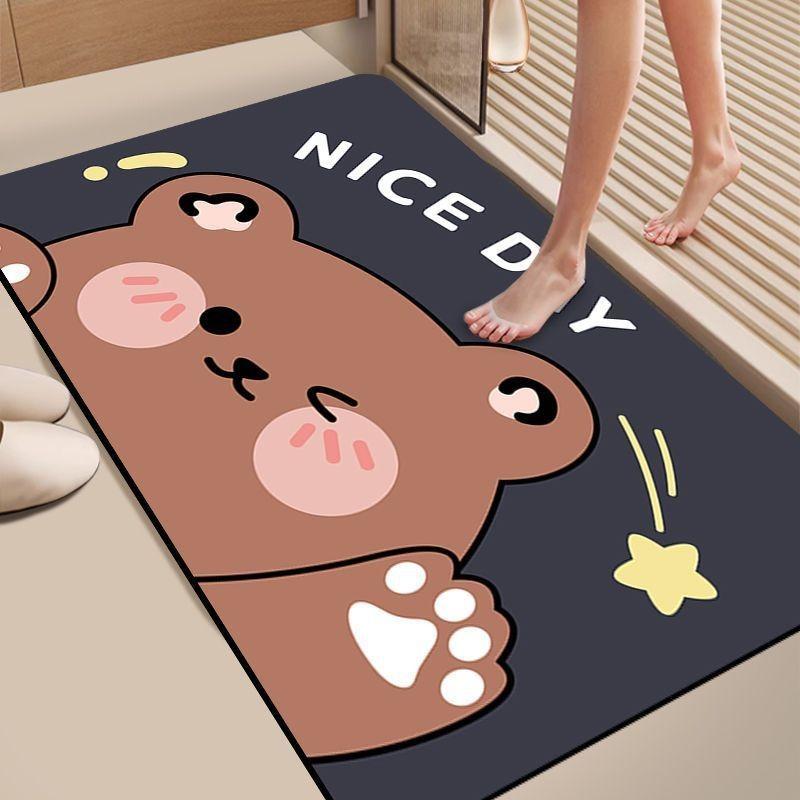 Diatom Mud Bathroom Mat Cartoon Bear Trio Pattern Quick Dry Absorbent Rug Non Slip Toilet Door Mat with “WELCOME HOME” Text