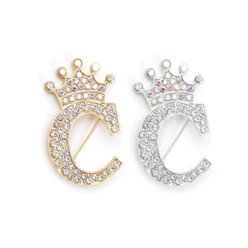 Fashion Crown 26 Initial Letters A To Z Rhinestone Brooches For Women Coat Dress Lapel Collar Pin Jewelry Accessries