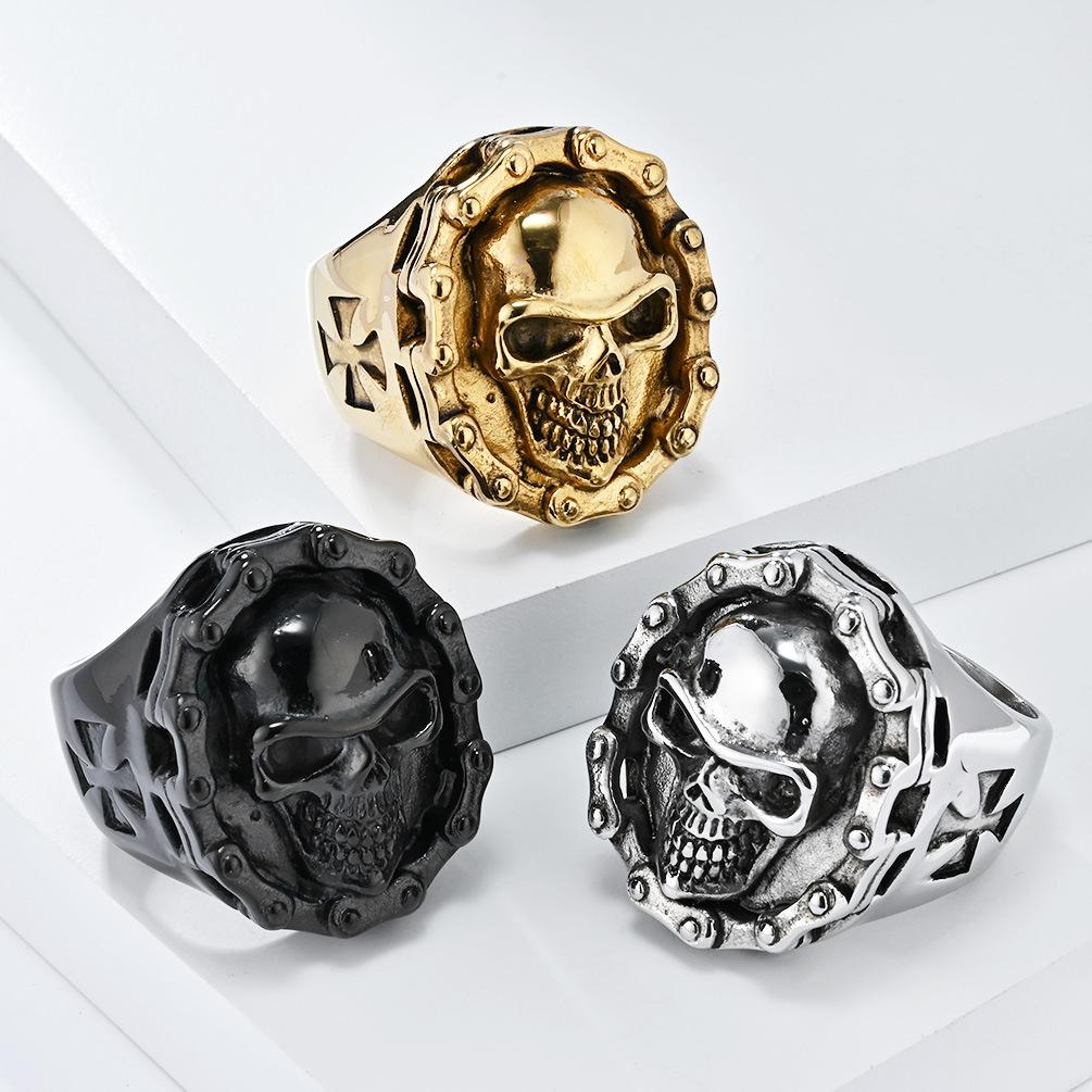 Retro Domineering Hiphop Biker Chain Skull Ring for Men Personalised Birthday Finger Ring Black Punk Street Wear Jewellery Accessories