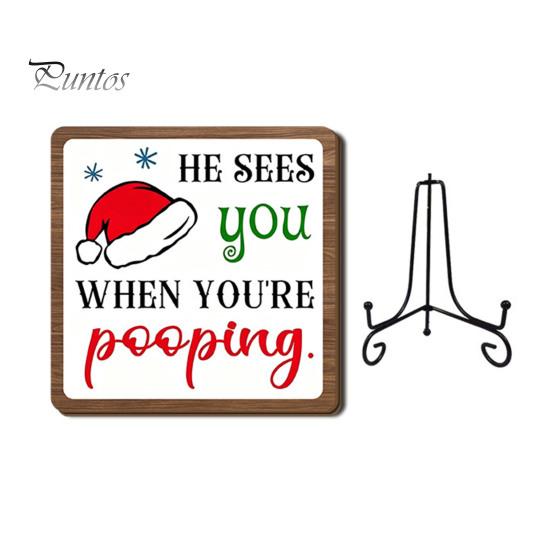 Christmas Hanging Ornament Wooden Tabletop Decor, 2D Pet Santa with Iron Stand, Rustic Festive Home Accents Holiday Sign for And Cafe Shelf,