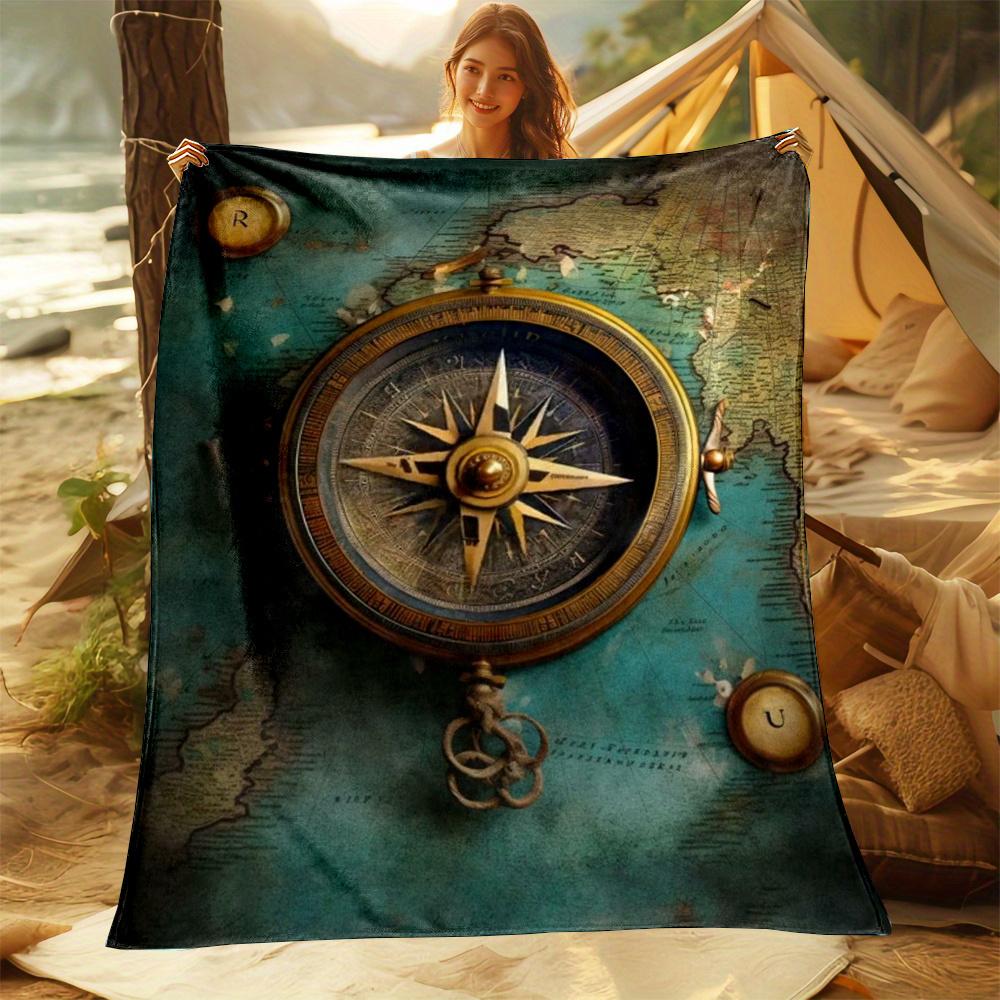 Digital Print Nautical Compass World Map Design Flannel Throw Blanket - Non-Woven, Polyester, Reversible, All-Season, Conte