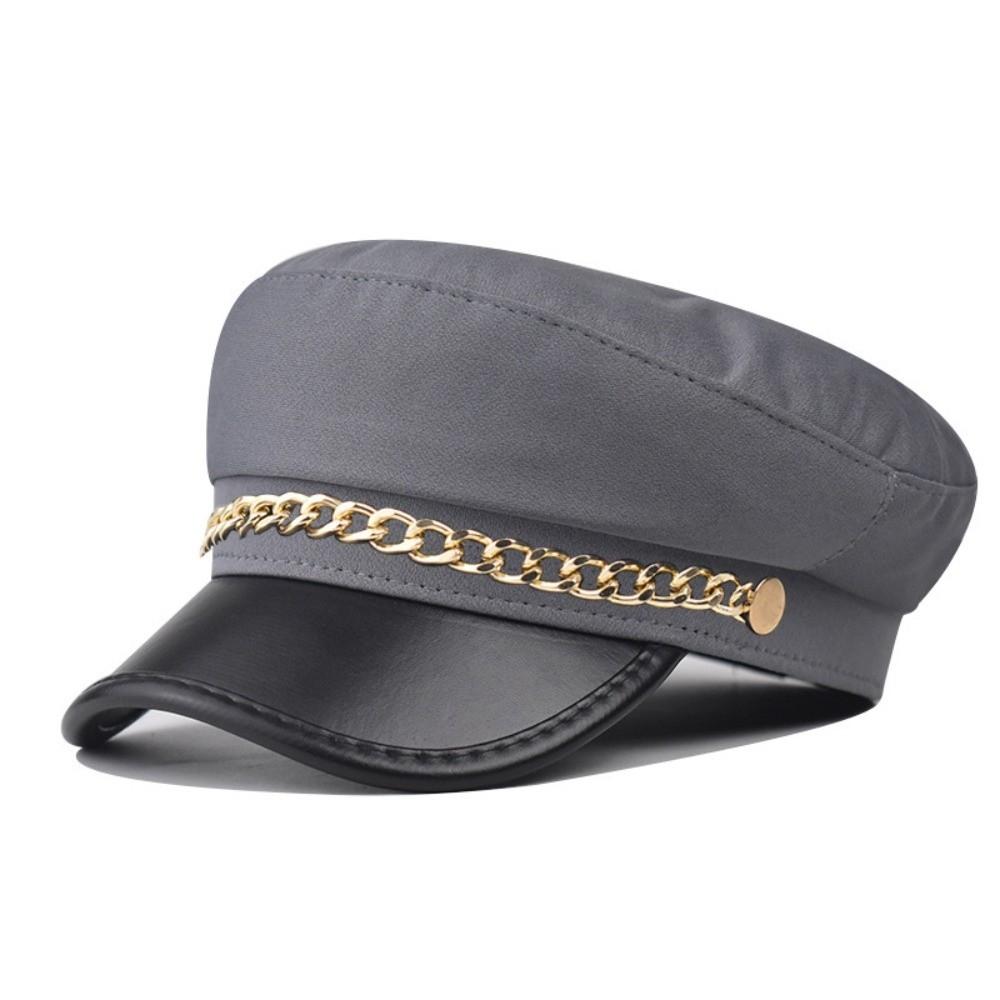 Short Brim Beret Hat PU Leather Peaked Cap Retro Flat Top Cap  For Women