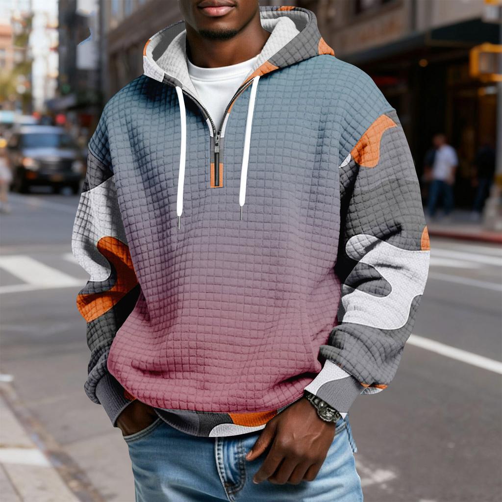 Мужской худи-пуловер в клетку с капюшоном на молнии до середины, со шнурком и принтом, повседневная спортивная толстовка