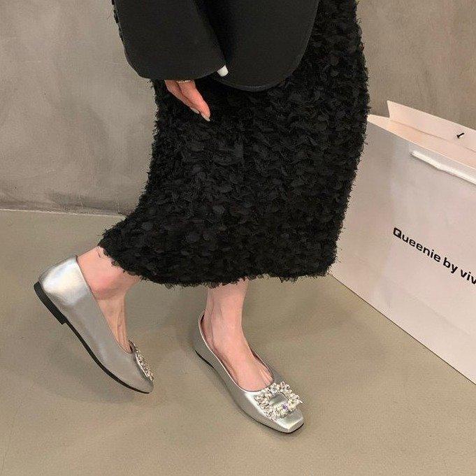 Туфли-лодочки на плоской подошве с квадратным носком и стразами, женская обувь, весна 2025, новые черные туфли для работы