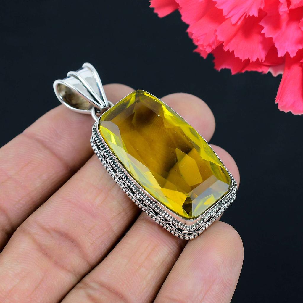 Кулон из драгоценного камня с лимонным топазом, твердый кулон из стерлингового серебра 925 пробы, ювелирный подарок для унисекс