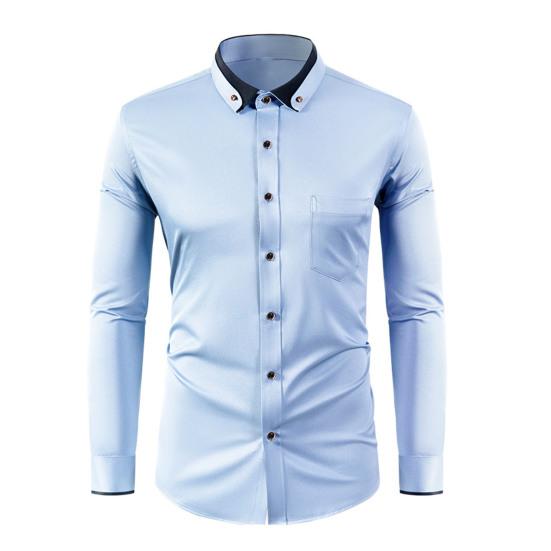 Мужская классическая рубашка со стразовым воротником и длинным рукавом, эластичная, без складок, официальная рубашка, однотонная, облегающая, для свадьбы, свидания, выпускного, деловая рубашка на пуговицах