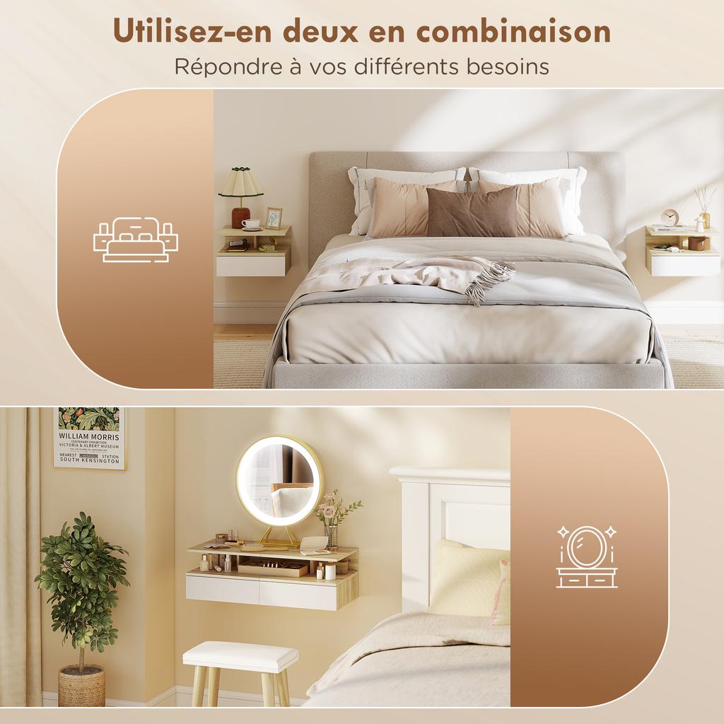 Set of 2 Wall-Mounted Nightstands, Drawer and Open Shelf, 35x32x22.5 cm, White and Oak