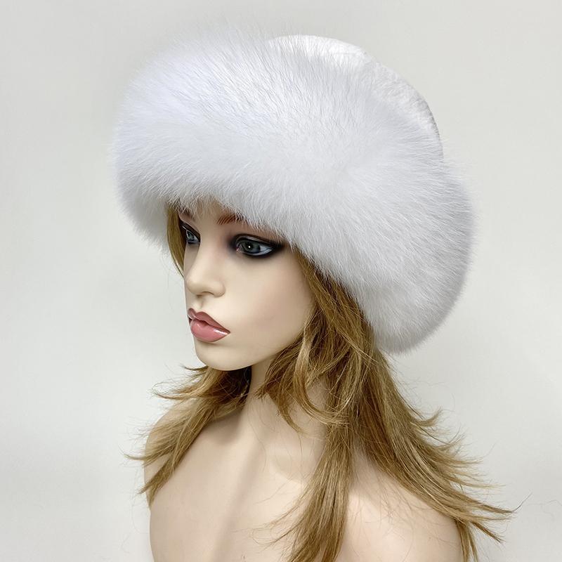 Русская зимняя меховая шапка Теплая пушистая женская круглая шапка Пушистая из натурального меха лисы и кролика Шапка-ведро