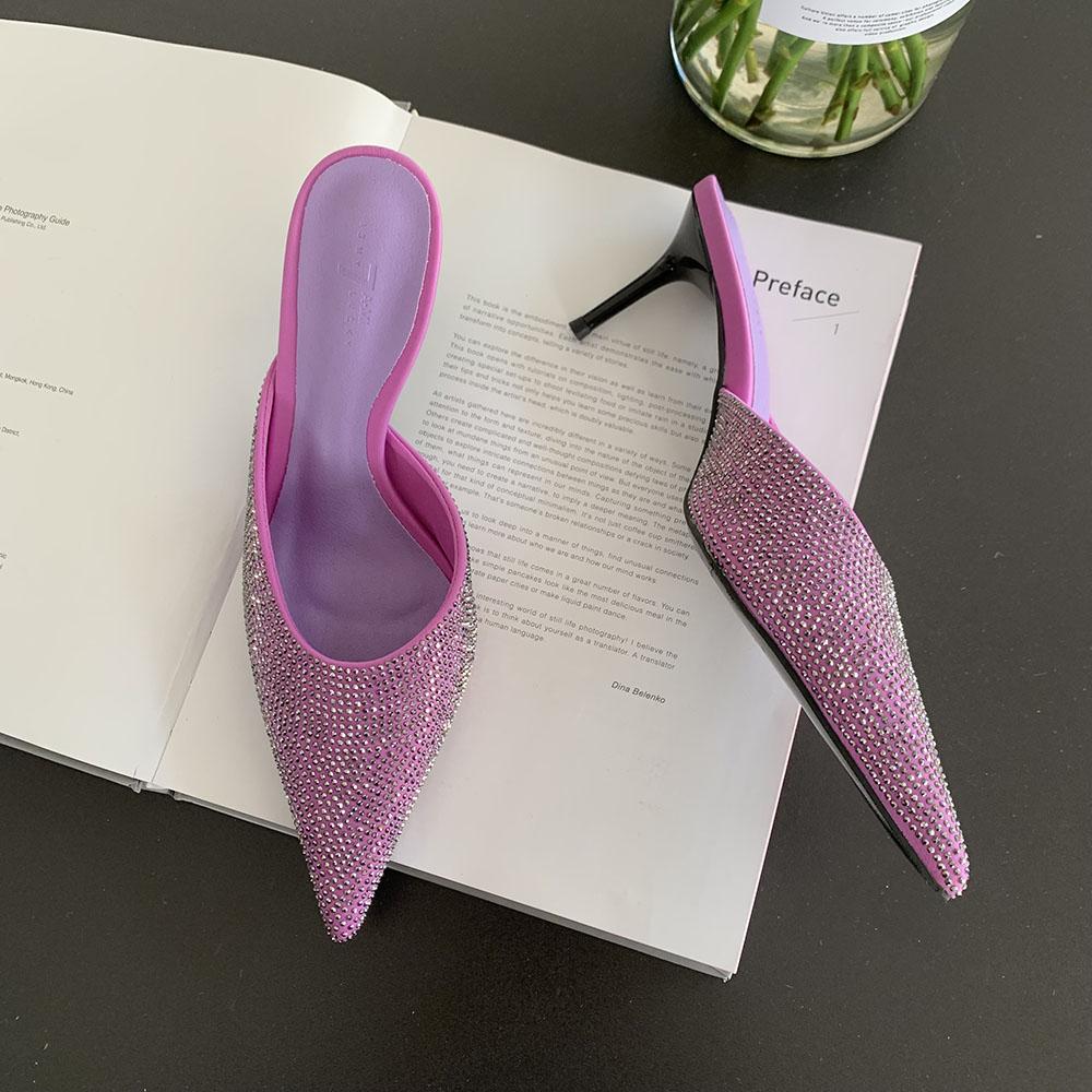 Модные женские босоножки со стразами, тонкие высокие каблуки, черные, зеленые, фиолетовые, бежевые, летние уличные туфли-мюли, туфли-лодочки на шпильках для вечеринок, размеры 35-39