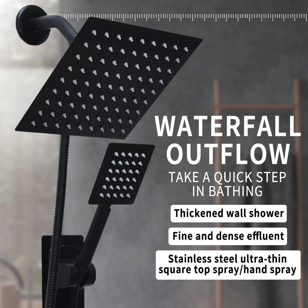 High Pressure Square 8 Inch Rain Shower Head Shower Accessorie Bathroom Top Shower Head Set Black Handheld Shower Spray