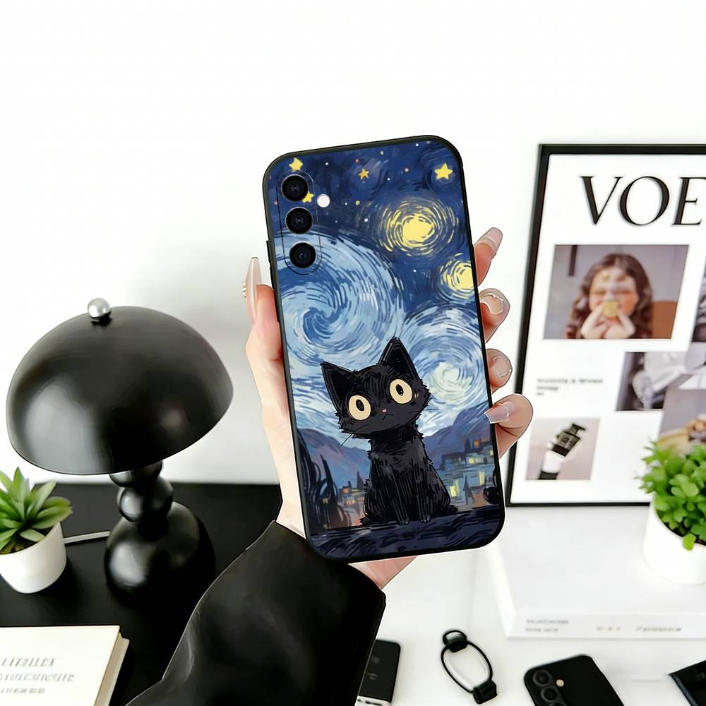 Милая иллюстрация черного кота Чехол для телефона для Samsung Galaxy A73, A72, A71, A70, A53, A52, A51, Мягкий силиконовый черный чехол