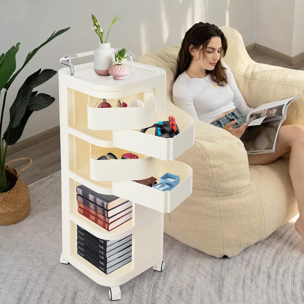 Тележка для хранения, 4-ярусная тележка для хранения, Стеллаж для хранения на колесах, Закругленные углы, Нержавеющая сталь, АБС для дома, Парикмахерских, Офиса