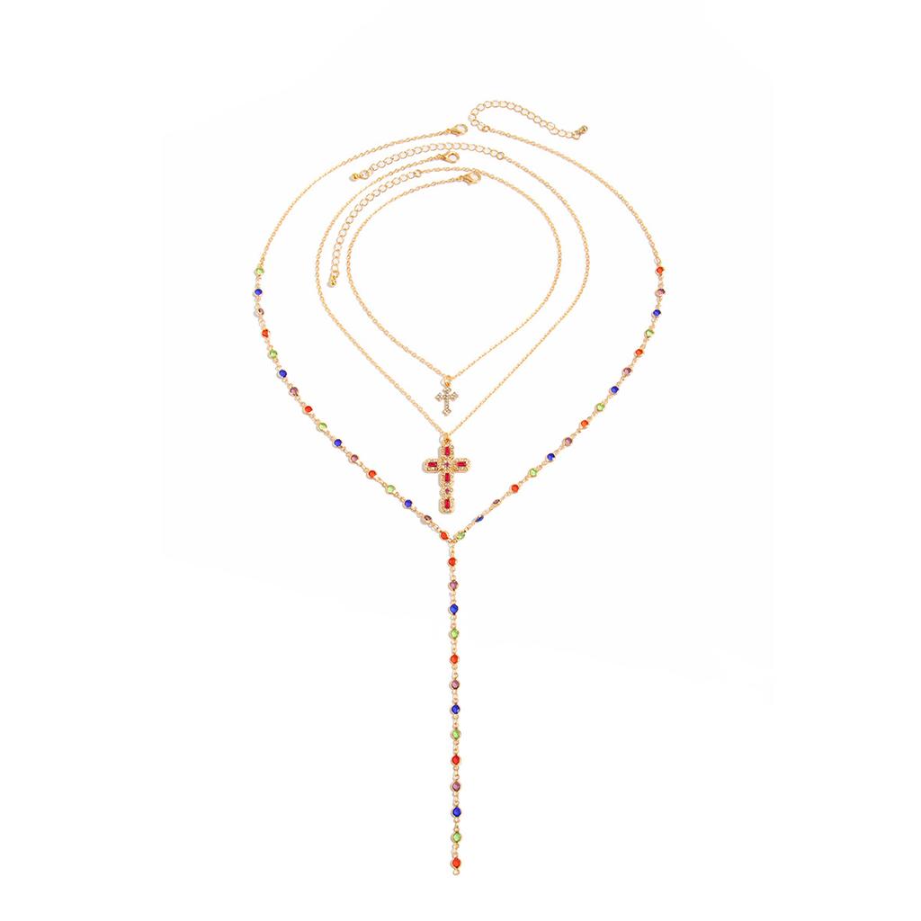 3Pcs/Set Colorful Crystal Cross Pendant Necklace for Men Hip Hop Adjustable Choker Collar Chain Christian Jewelry Accessories
