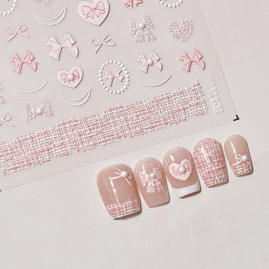 1pcs 5D Diamond White Lace Bow Nail Art Stickers Pearl Rhinestones Nail Decoration Adhesive Decals Slider DIY Accessory