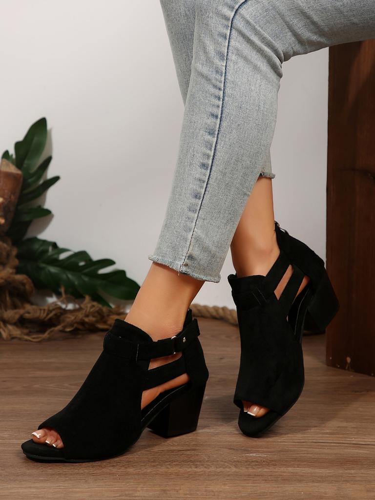 Women Sandals  Chunky High Heels Soild Gladiator Open Peep Toe Women Black Shoes Buckle Back Zipper Sandalias De Mujer
