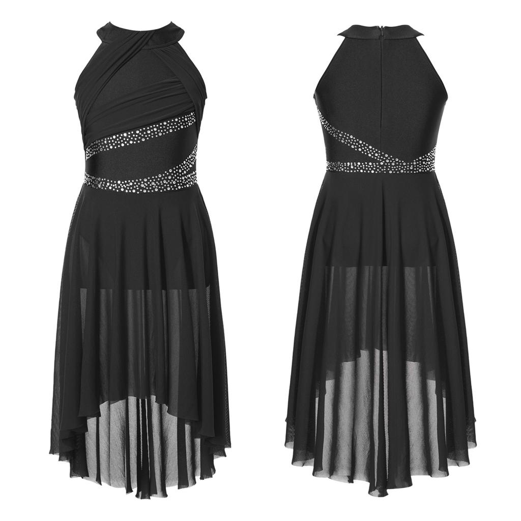 Детское лирическое платье для латинских танцев для девочек, купальник без рукавов со сверкающими стразами и рюшами, балетная танцевальная одежда