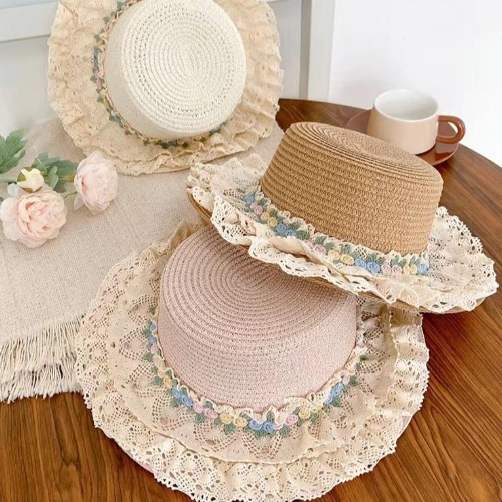 Flat Top Lace Floral Brim Cap Japanese Style Women's Sun Hat Simple Straw Woven Top Hat  Beach
