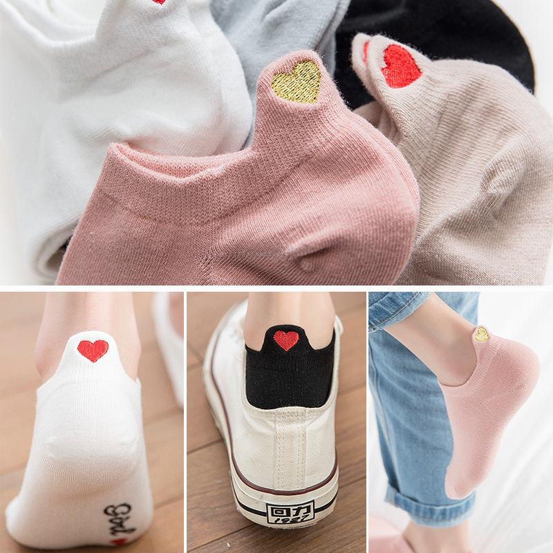 Cute Embroidery Love Heart Socks Fashion Funny Sokken Heel With Glitter Gold Silk Red Heart Ankle Socks Dropship