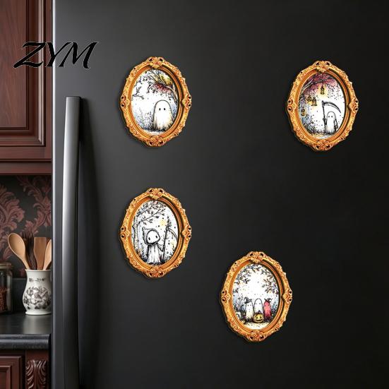 Metal Surface Magnets Halloween Wooden Frame Refrigerator Magnet, Retro Oval Fridge Decorative Cabinet Pumpkin Ghost Magnetic Decoration for