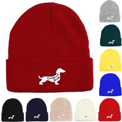 Вязаная шапка с принтом собаки таксы, шапка-бини с изображением животных, ветрозащитные мешковатые модные шапки с помпоном, вязаная шапка, шапка-бини