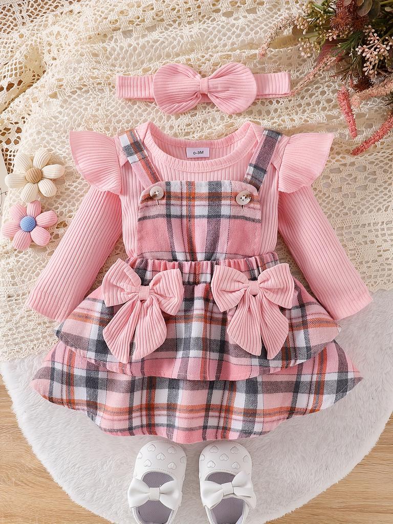 Baby Girl Clothes Newborn Infant Long Sleeve Jumpsuit with Headband Outfits Set 3pcs Bow Fall Winter 0-18 Months, for Outdoor