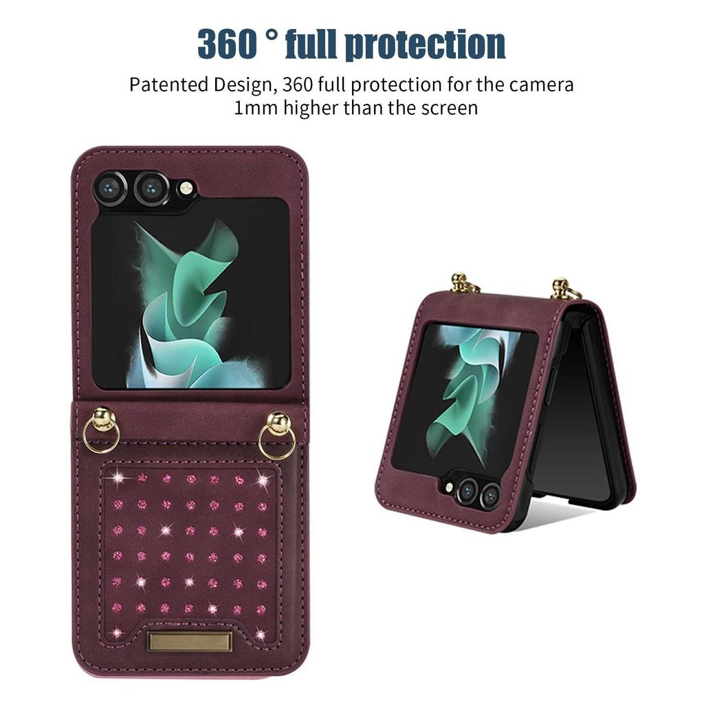 Galaxy Z Flip 5 Case 360 Full Protection Crossbody Case for Samsung Galaxy Z Flip 5/4/3 Diamond Leather Wallet Lanyard Case Stand Shockproof Cover