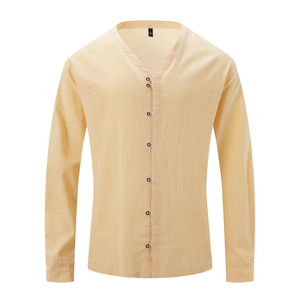 Men Stand Collar 7 Buttons Up Shirts White Black Blue Solid Long Sleeve Shirt Vintage Cotton Plus Size Tops