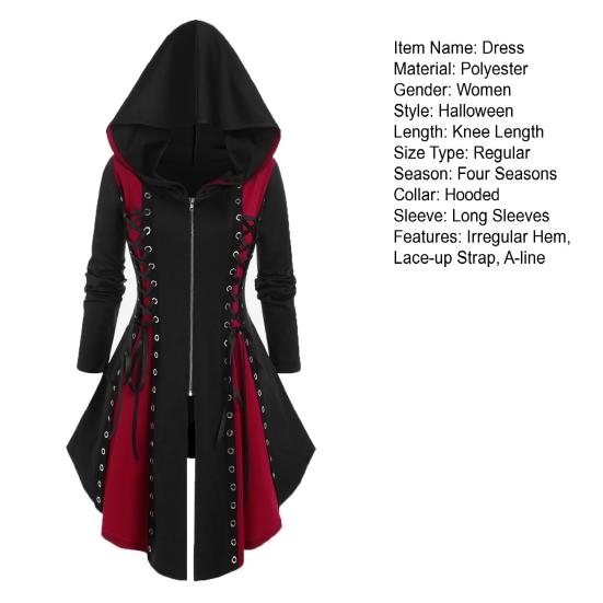 Женское платье для косплея, готический цвет, на шнуровке, на бретельках, нерегулярный подол, с капюшоном и длинными рукавами, на молнии, фестиваль, Хэллоуин, миди
