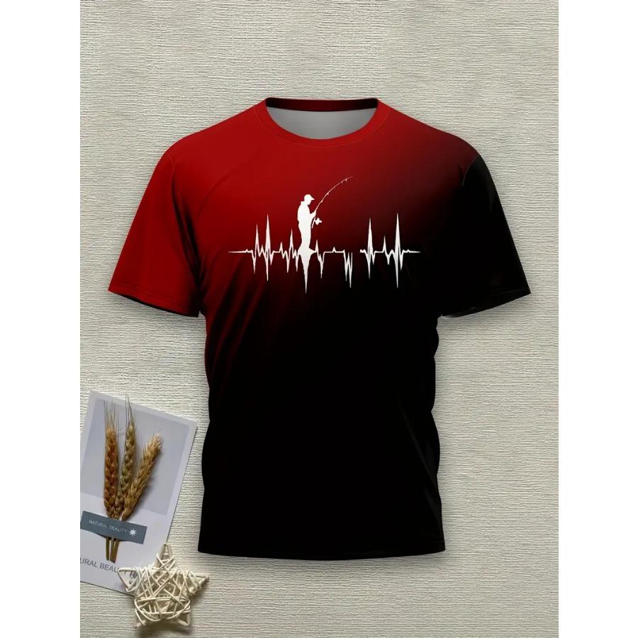 Мужская повседневная футболка с круглым вырезом и графикой сердцебиения рыбалки, 100% полиэстеровое трикотажное полотно с небольшой эластичностью, футболка с коротким рукавом обычного кроя