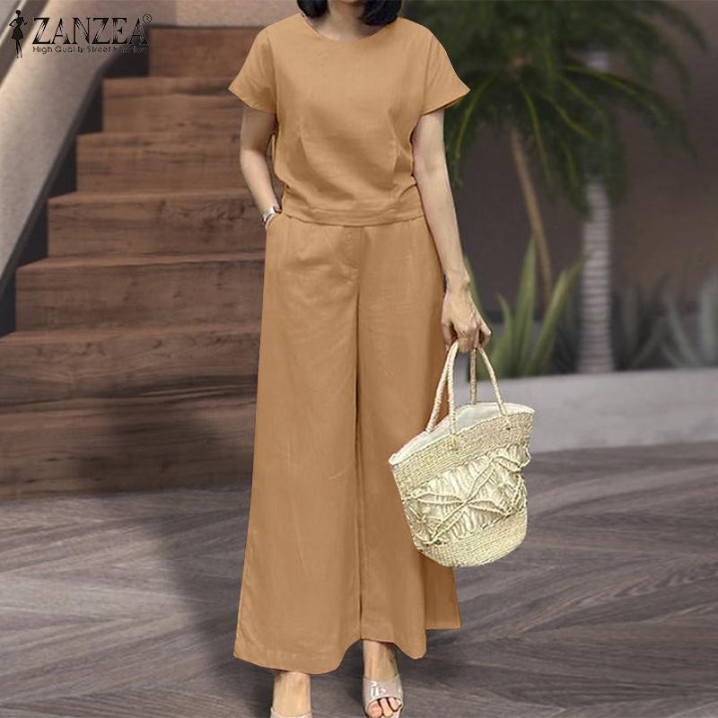 ZANZEA Летние наряды: женская блузка и брюки, повседневный костюм из двух предметов