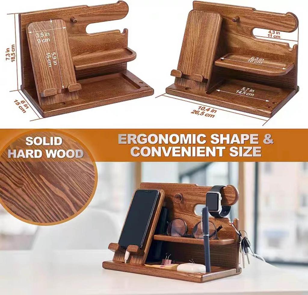 Wood Phone Docking Station Key Holder Wallet Stand Jewelry Watch Organizer Desk Accessories Men Husband Birthday Gift