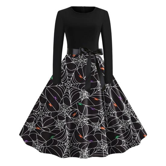 Женское платье на Хэллоуин 1950-х годов Ретро-трапеция с большими качелями и длинными рукавами Винтажное платье-качели с принтом летучей мыши и тыквы Коктейльный костюм для выпускного вечера