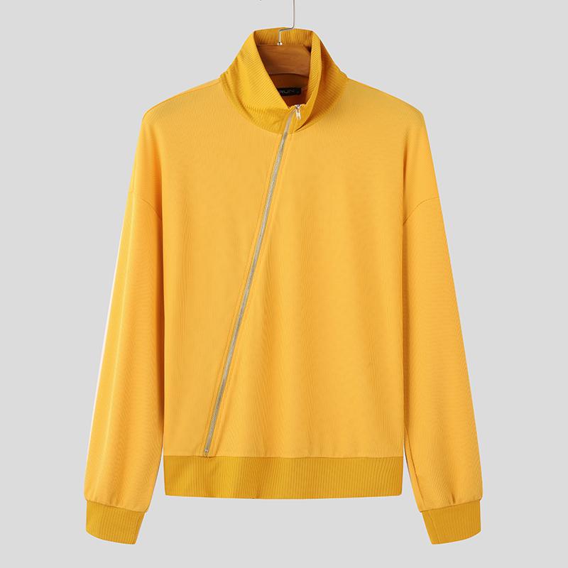 INCERUN Мужские футболки с длинным рукавом и застежкой-молнией в рубчик, повседневные водолазки