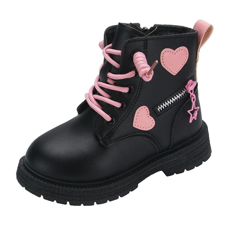 Pink/black Girls Leather Boots with Low Cut Anti Slip Side Zipper Winter Outdoor Girls Fashion Cotton BootsBotas Zapatos De Niña