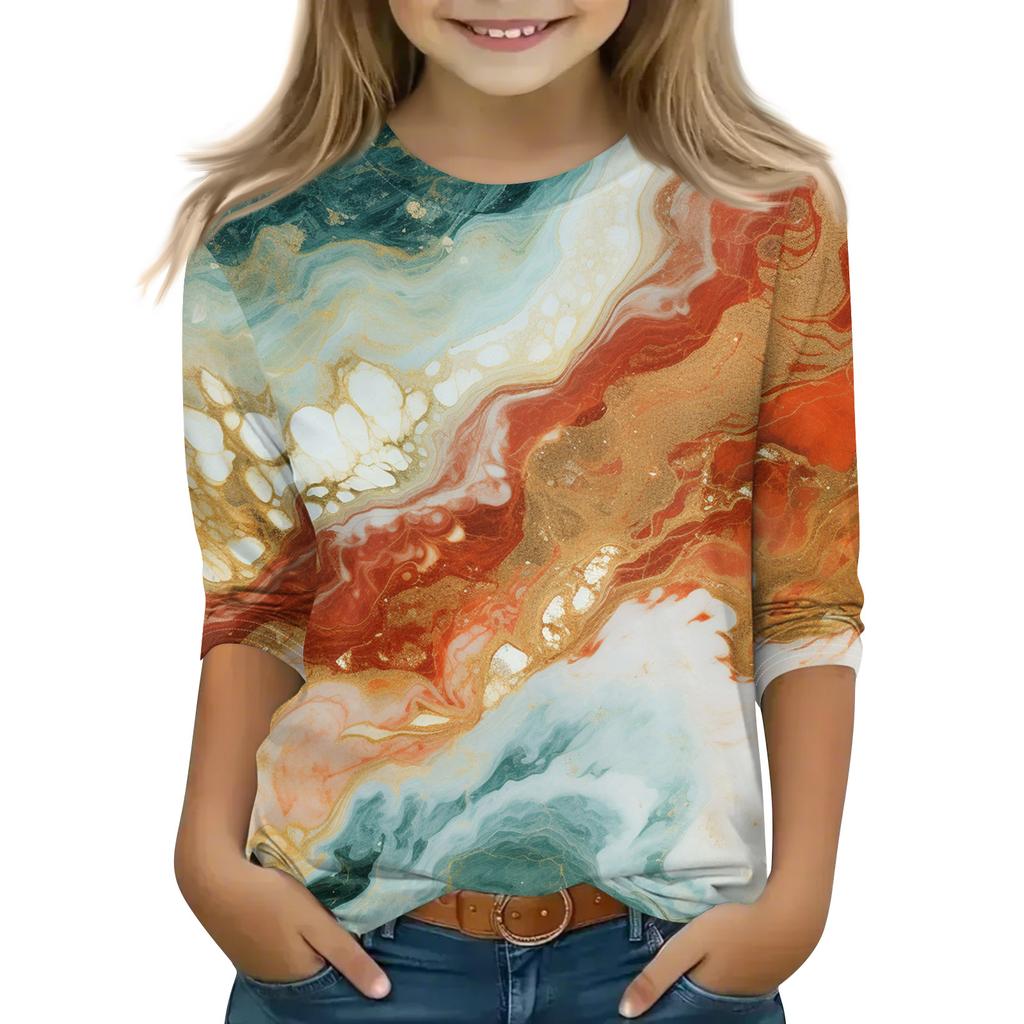 Топы с принтом для девочек 5-16 лет с круглым вырезом и рукавами 3/4 Футболки Модные топы Наряды Футболки