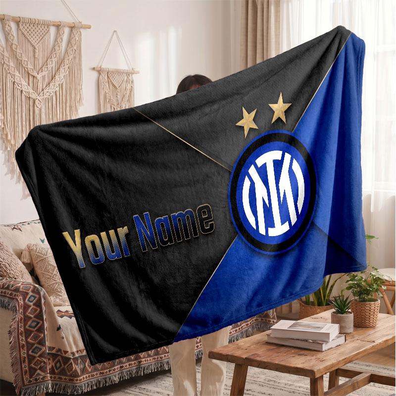 Inter Milan Personalized Fleece Blanket With Football Logo, Custom Name Text Soft Warm Home Throw Blanket