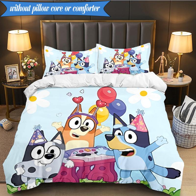 3PCS Bluey Friends Adventure Bedding Set 2D Printing (Includes 1 Duvet Cover + 2 Pillowcases Coreless), Bedroom decor,Fan gift