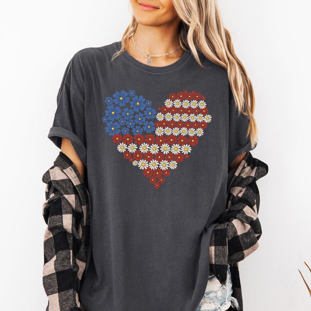 Floral American Flag Heart Graphic Tee: Patriotic Comfort Colors Cotton Unisex Shirt