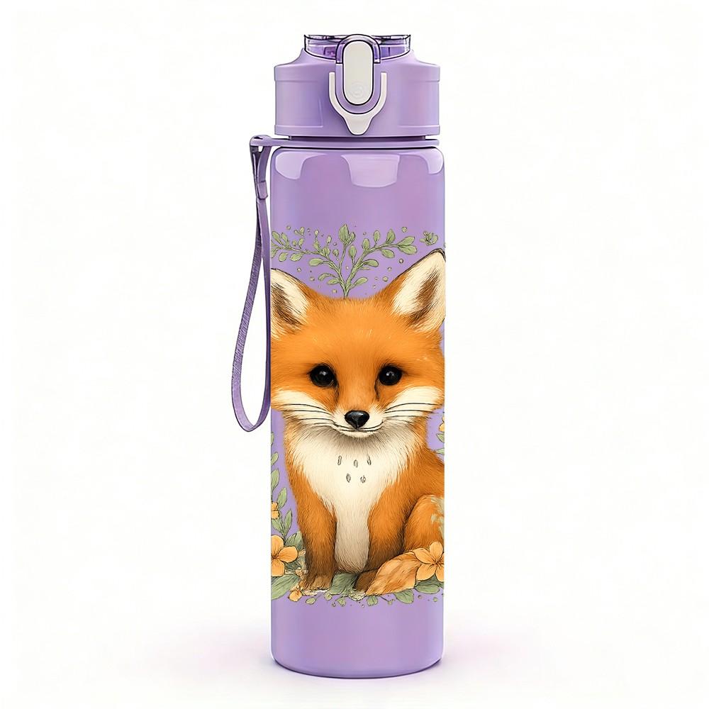 1PC Leaf Frame Fox Illustration 750ml Color Plastic Sports Water Bottle Leakproof Flip Straw Lid Suitable for Sports Office Home Use