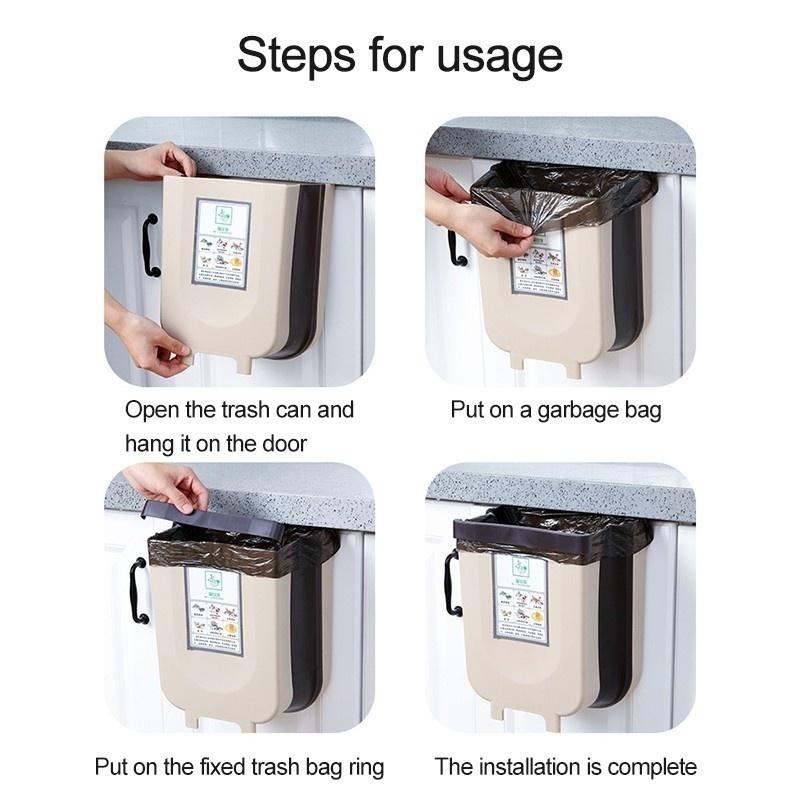 Folding Trash Can Kitchen Cabinet Door Hanging Waste Bin Wall Mounted Trashcan Space Saving Garbage Box for Bathroom Toilet Waste Storage(Size S/L)