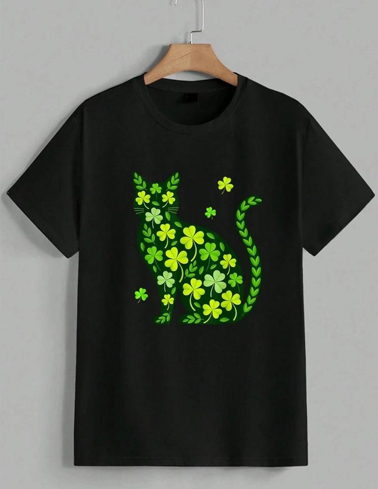St Patricks Day Cat T-Shirt Shamrock Lucky Clover Graphic Kitty Tee Unisex 2