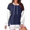 Women's Fashionable Casual Hoodie Long Sleeved Drawstring Pullover Solid Color Splicing Printed Loose Slit Sweatshirt