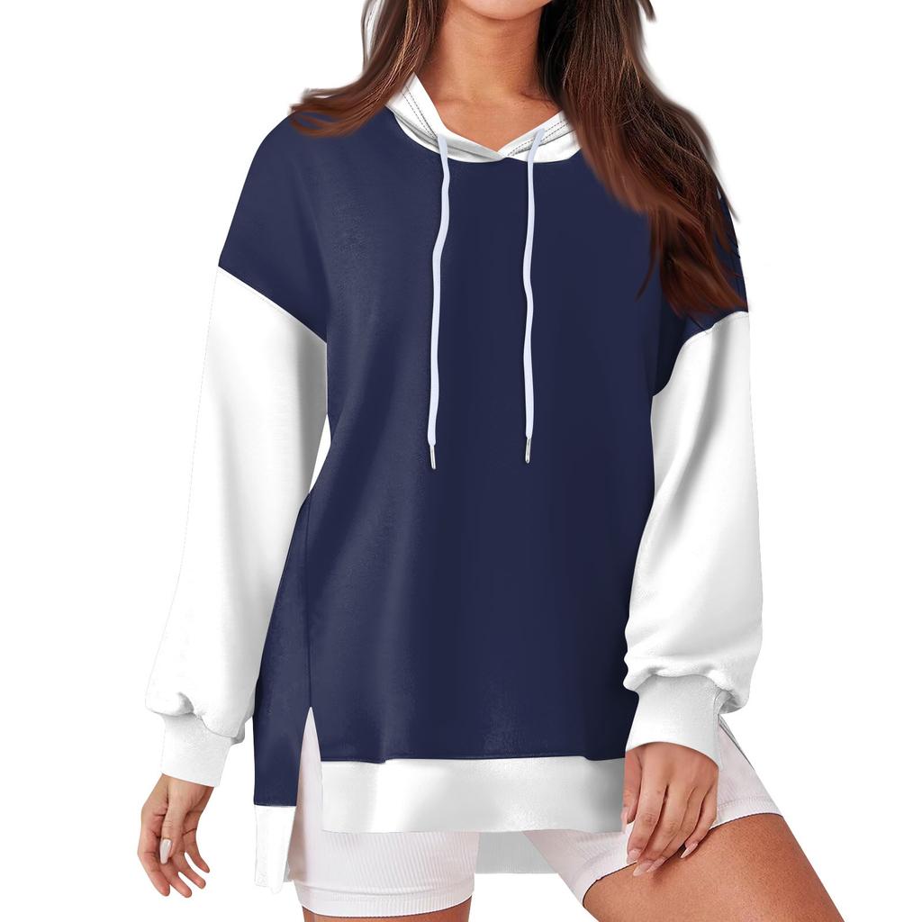 Women's Fashionable Casual Hoodie Long Sleeved Drawstring Pullover Solid Color Splicing Printed Loose Slit Sweatshirt