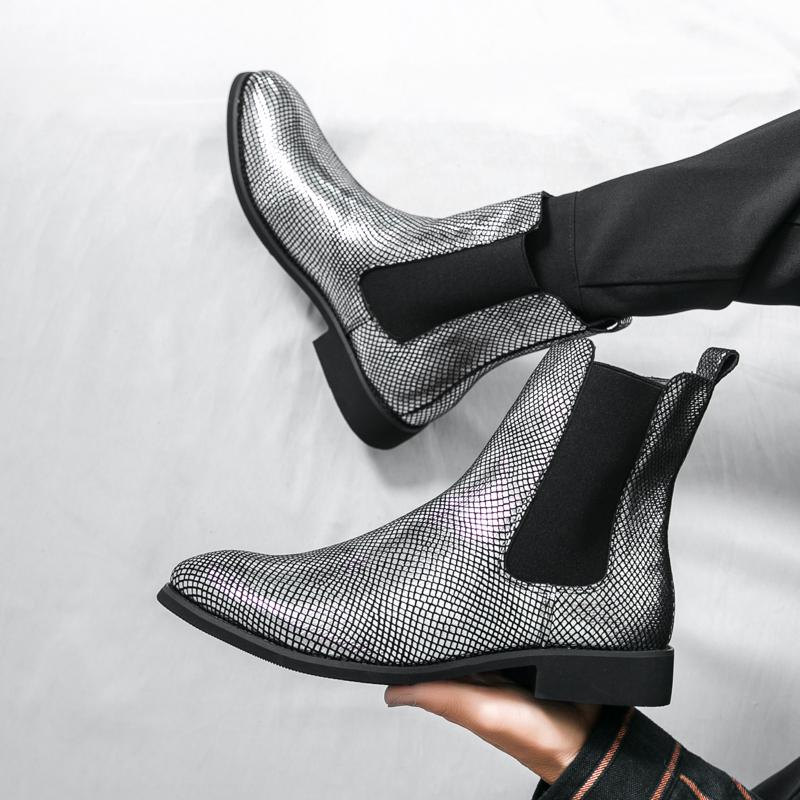 Дизайнерская новинка, зимняя мода, ботильоны челси, мужские остроносые золотые серебристые повседневные ботинки, высокие кеды, zapatos hombre