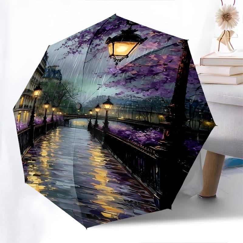 Parisian Canal Purple Blossoms Themed Automatic Opening and Closing Umbrella, Brightly Colored 8-rib Portable Umbrella, Suitable for Men and